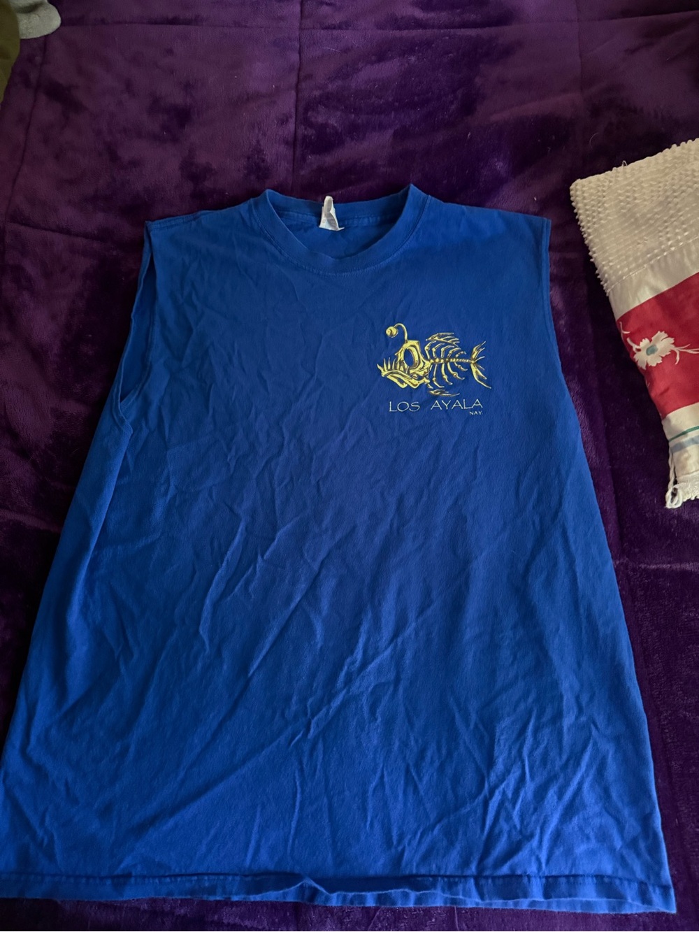 Los Ayala Men’s Blue Sleeveless Tee with Yellow Fish Logo